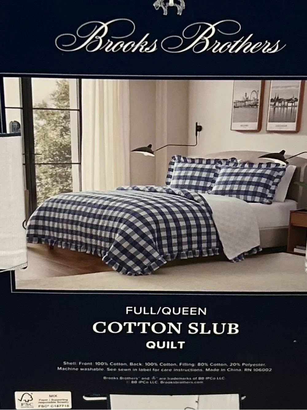 Brooks Brothers Checkered Blue and White Cotton Slub Queen Quilt w/Ruffle Trim
